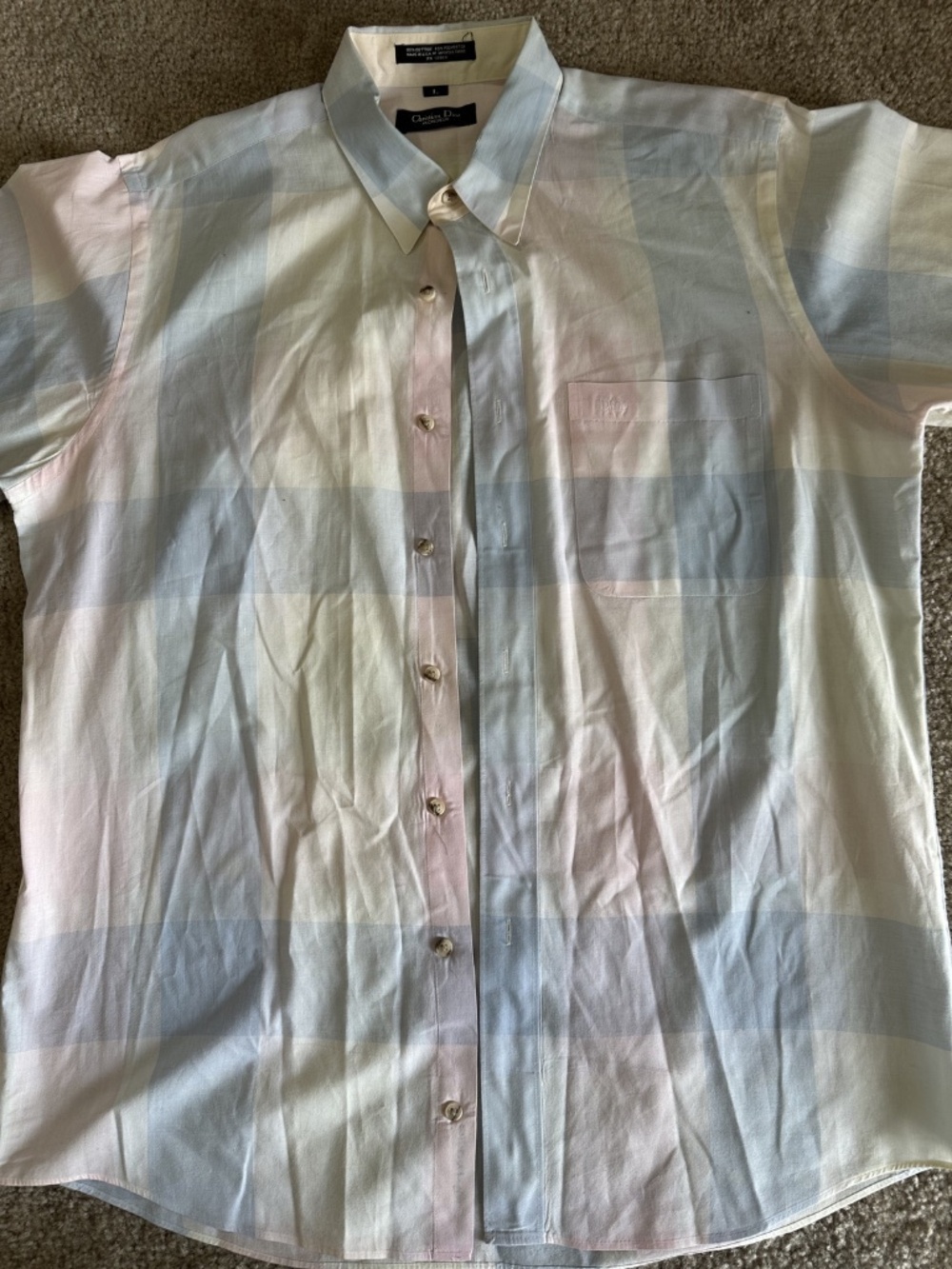 Christian Dior Shirt Men's L Short Sleeve Button Down Green Pastels Striped